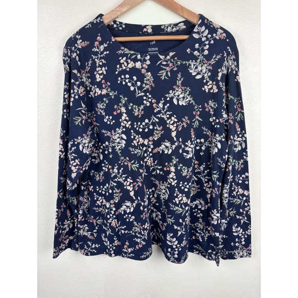 J. Jill Tops - J.Jill Pima Cotton Tee XL Navy Floral Long Sleeve Crew Neck Botanical Casual